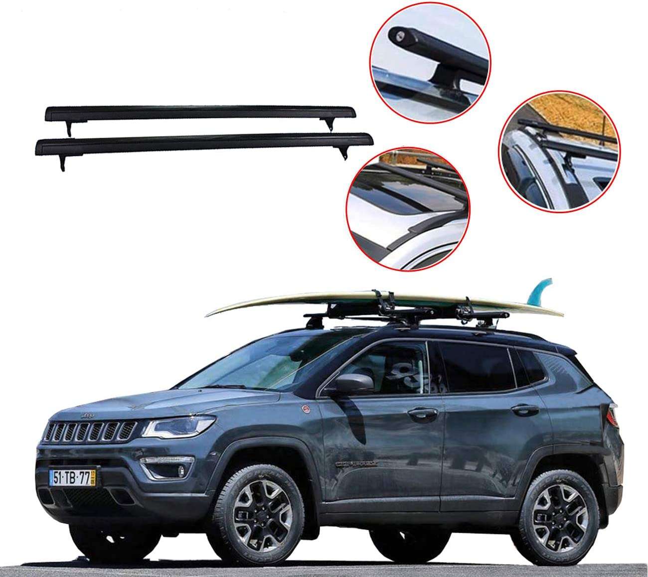jeep-compass-1.jpg ROKIOTOEX Roof Rack Crossbars Roof Rail Cross Bars Fit 2017 to 2023 Jeep Compass Rooftop Side Rails Cargo