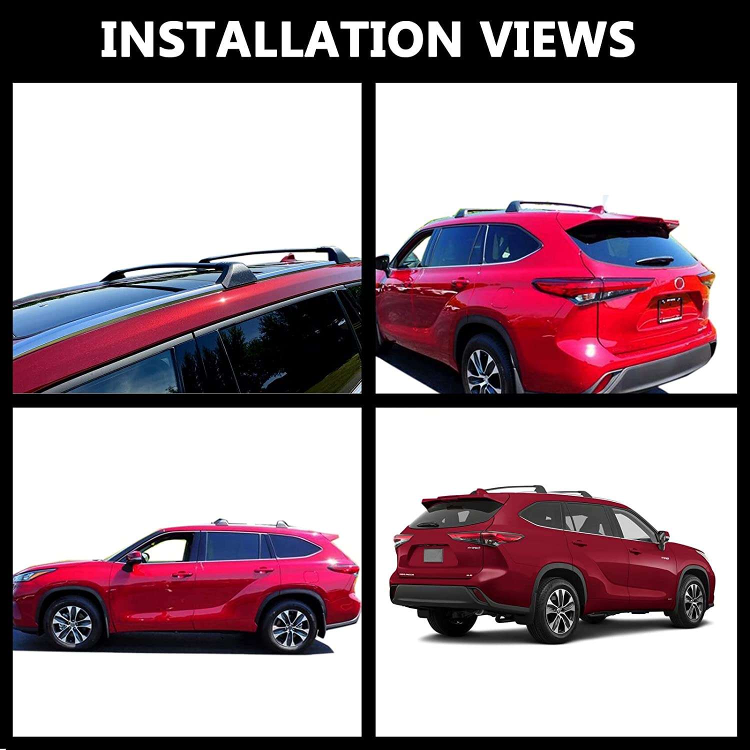 Home 2 13 Black OEM-style crossbars mounted on a red Toyota Highlander roof